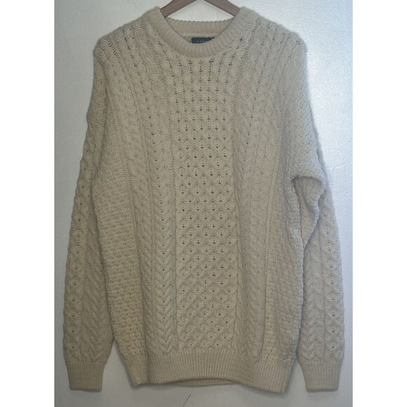Vtg Orvis Irish Wool Sweater Mens Large Ivory Chunky Cable Knit